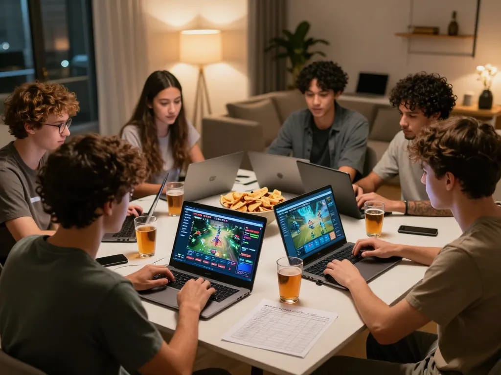Pemain menikmati sesi permainan hoki288 online di rumah dengan laptop dan makanan ringan