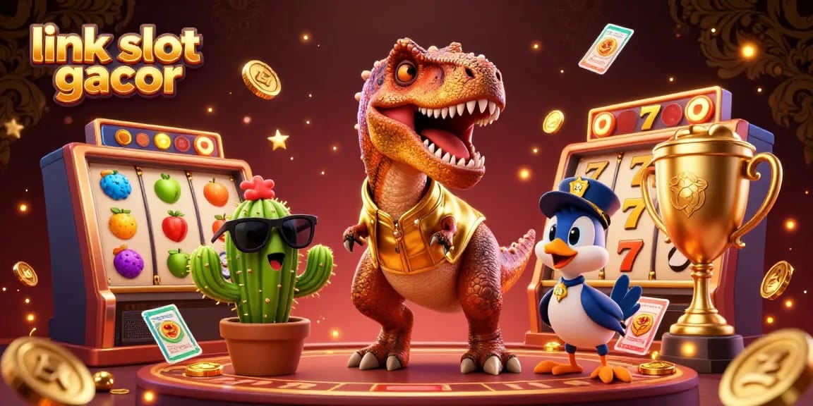 Menggambar slot gacor dengan dinosaur dan teman-temannya dalam suasana kasino yang seru.