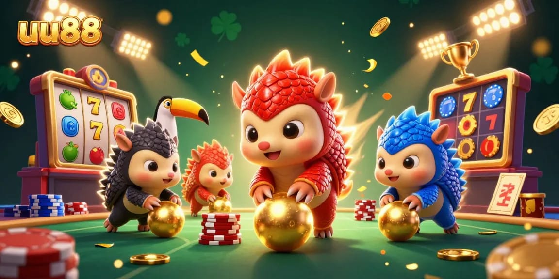 uu88 pangolins compete in a slot game showdown amidst golden chips and festive elements