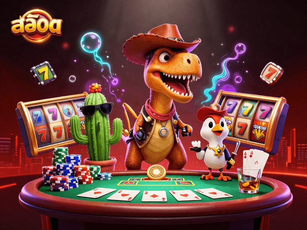 Engage with สล็อต slot games featuring a cowboy T-Rex and friends at a vibrant casino scene.
