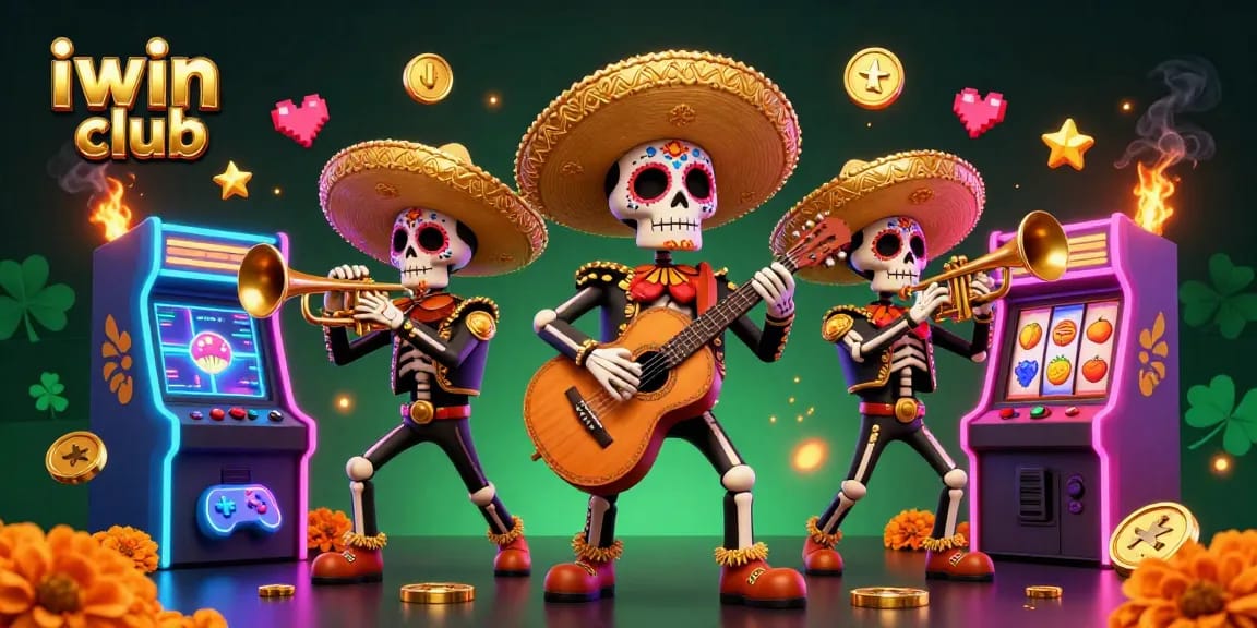 Experience the excitement of iwin club with vibrant mariachi skeletons amidst a lively gaming scene.