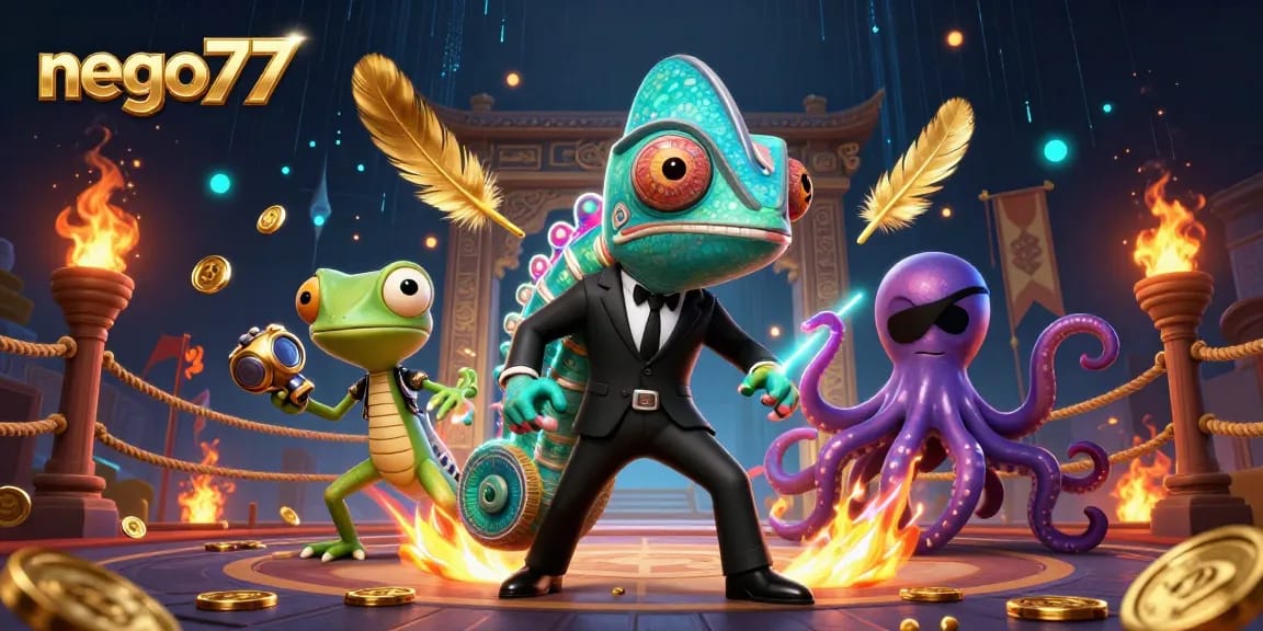 Experience thrilling gaming adventures with nego77 in this vibrant 3D casino illustration featuring dynamic characters.