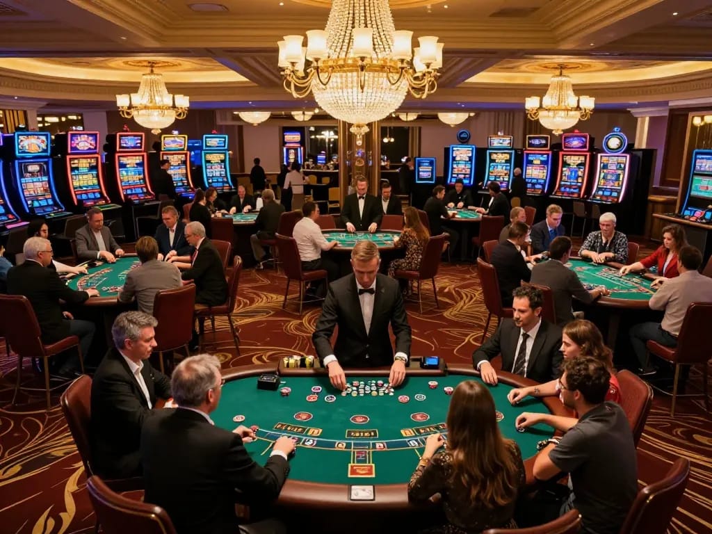 Players enjoying a thrilling round of poker at rr88 casino, surrounded by vibrant atmosphere and professional dealers.
