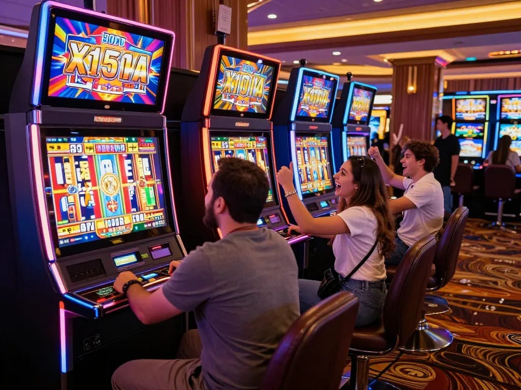Players engaging with Slot x1000 machines, showing excitement and anticipation at casino.