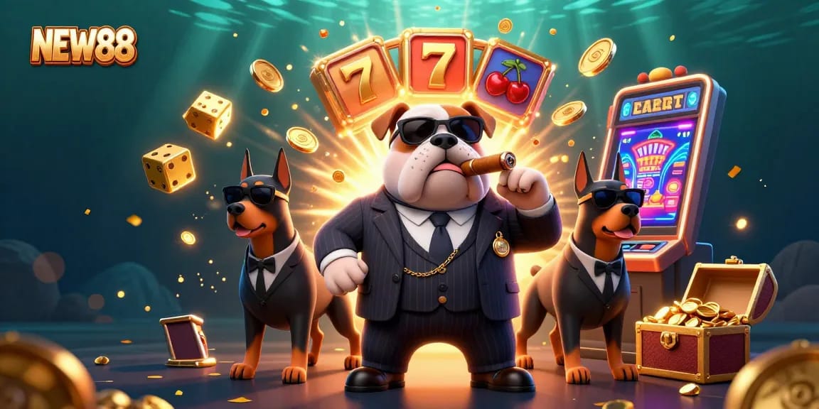 Experience excitement at NEW88 with 3D mafia characters amidst vibrant casino elements.