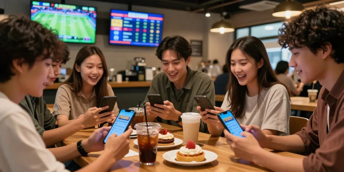 Group of friends enjoying the xoso66 app in a lively coffee shop with smartphones and drinks.