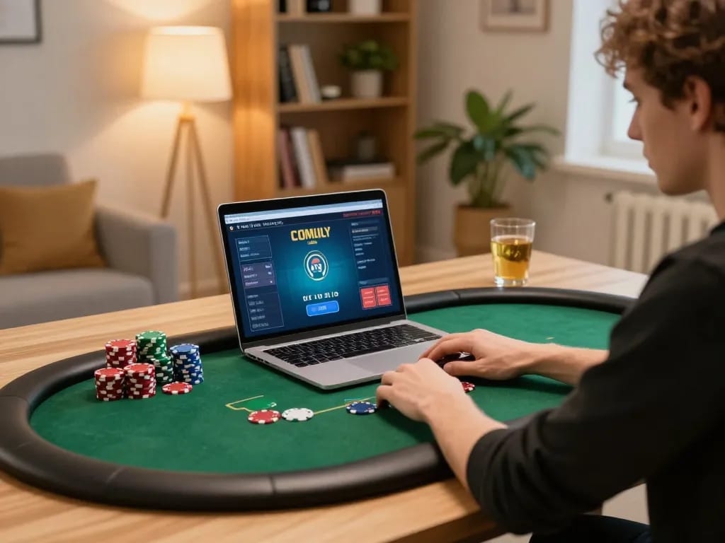 Engaging in an online poker game on du88 with chips and warm lighting in a cozy setting.