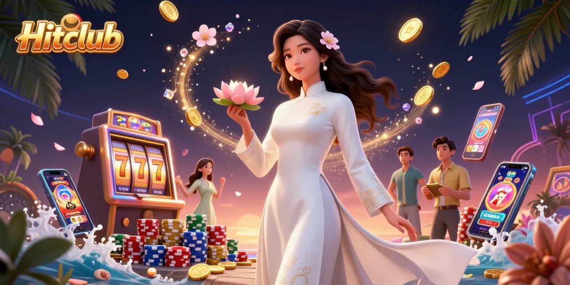 Experience the excitement of Hitclub with engaging slot reels, golden coins, and vibrant casino graphics.