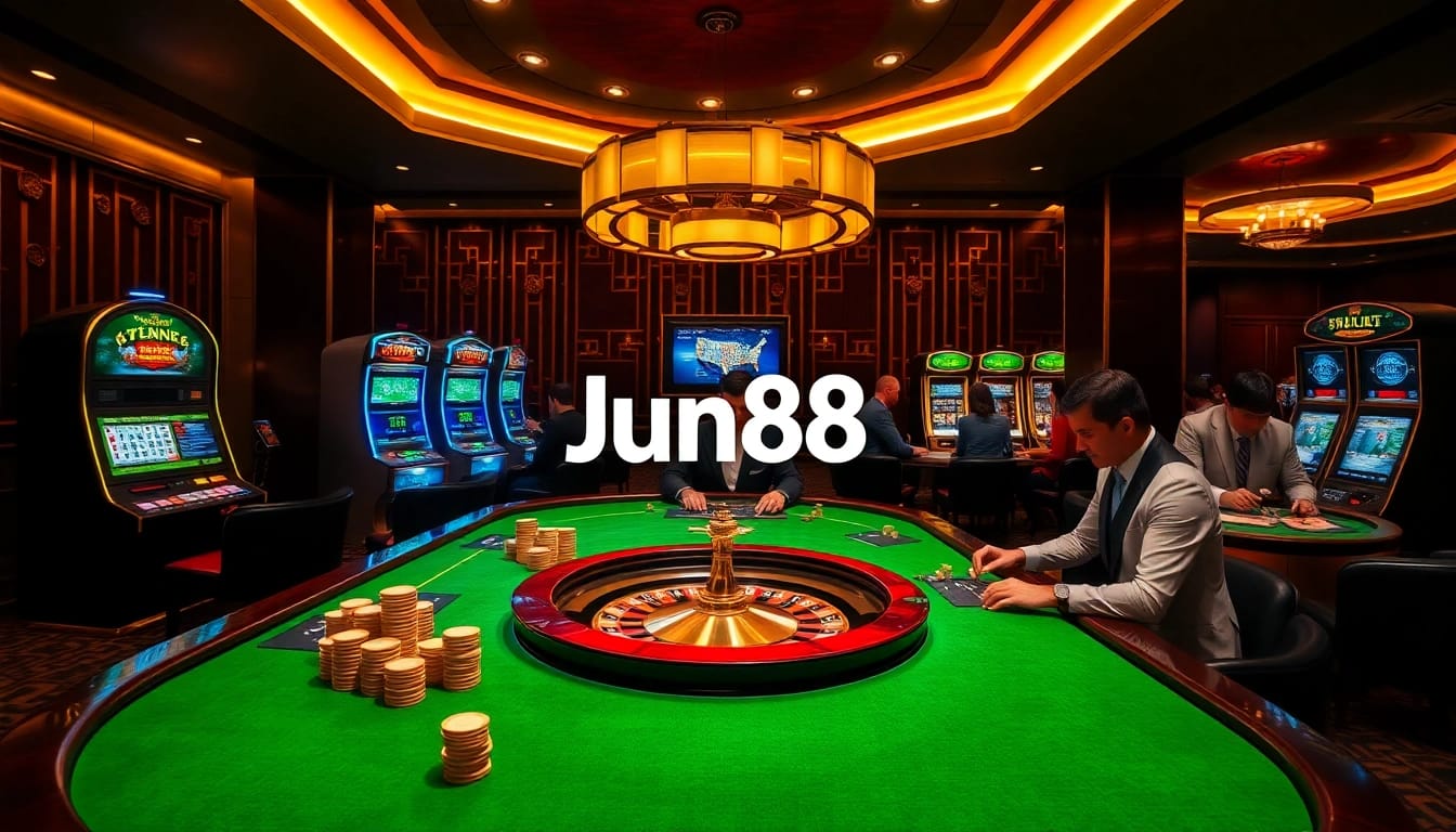 Experience a thrilling Jun88 casino scene with interactive games and luxurious betting tables.