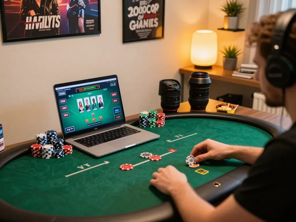 Engaging poker game on NK88 platform displayed on laptop in cozy home office, capturing strategic gameplay.