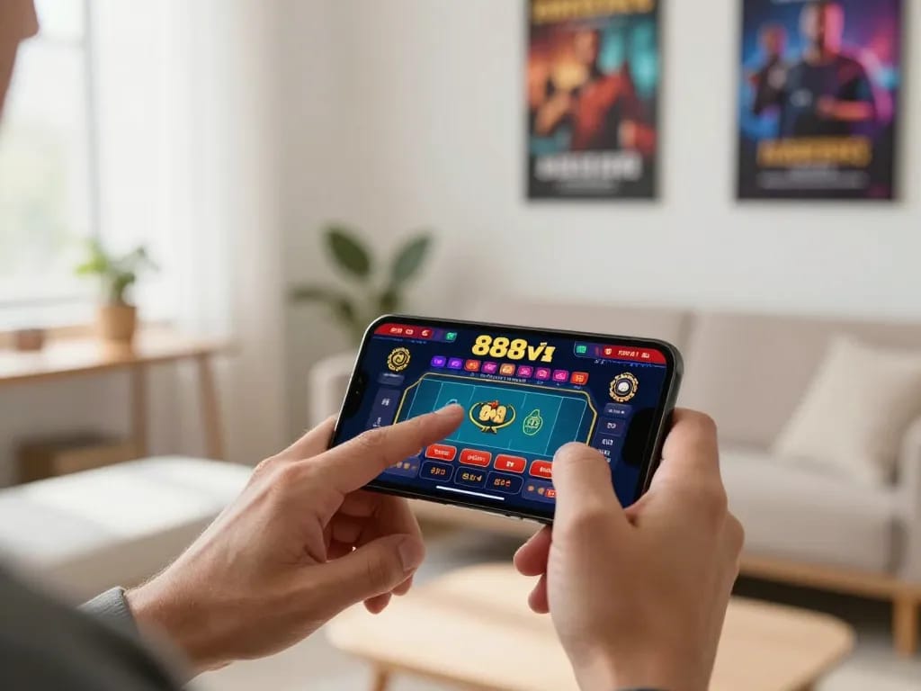 Player engaging with the 888vi app on smartphone, showcasing live dealer gaming strategy