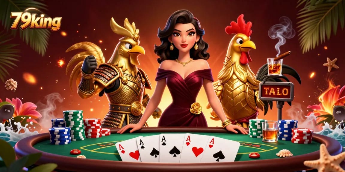 Join the excitement at 79king with a glamorous woman and golden rooster warrior engaged in poker.