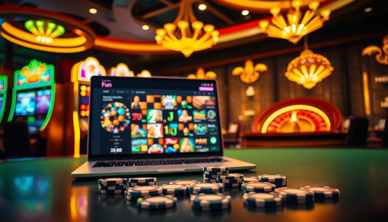 Players engaging with Fun88's online casino games amidst vibrant gambling elements.