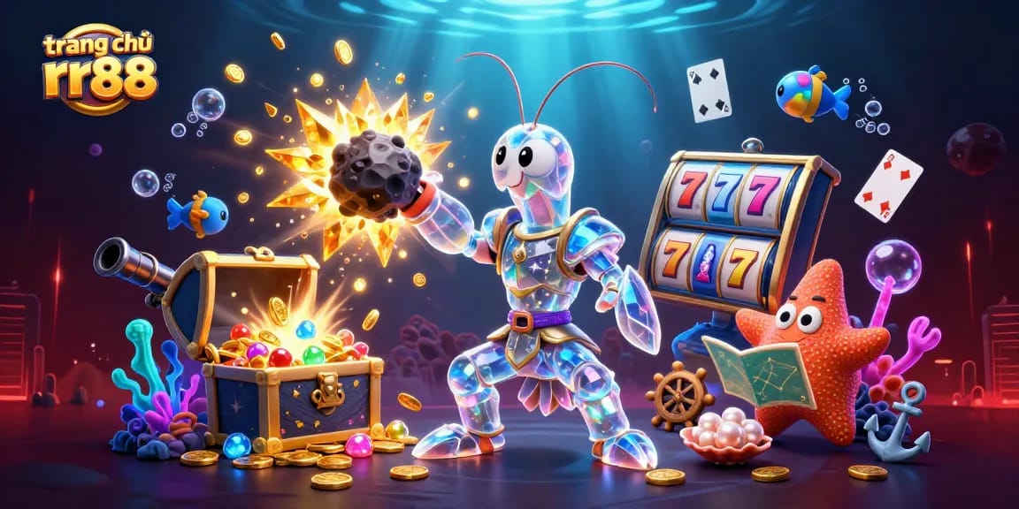 Explore the vibrant world of trang chủ rr88 with a samurai mantis shrimp amidst slot game excitement and golden treasures.