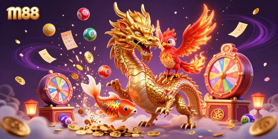 Join the thrilling m88 experience with a golden dragon and phoenix amidst shimmering lottery elements.
