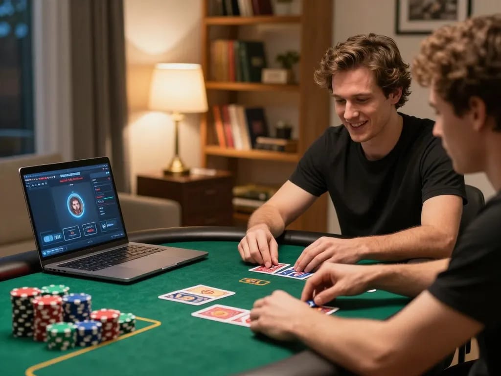 Engaging online poker action on cucu777 showing colorful chips and cards in a cozy setting