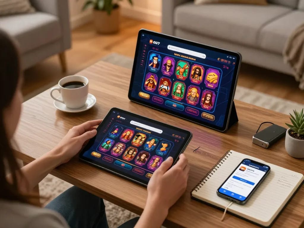 Engaging in online gambling with the ea77 apps download on tablet in a cozy home setting