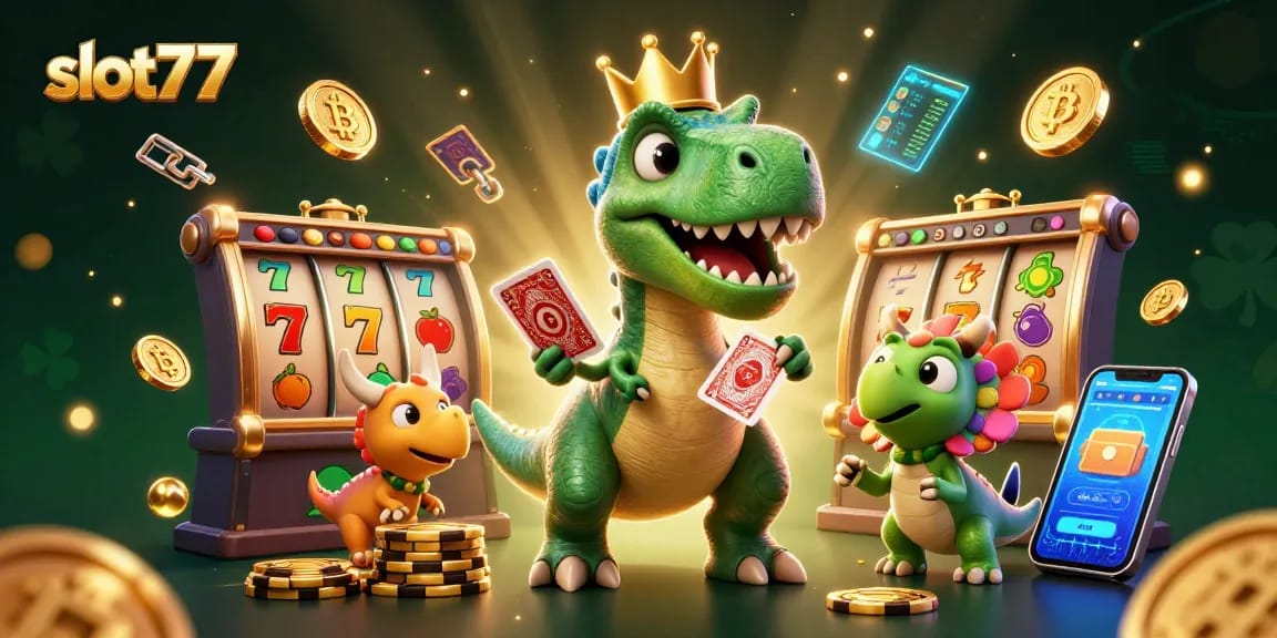 Experience thrills with slot77 as cartoon T-Rex and pals shuffle cards, stack chips amidst vibrant casino symbols.