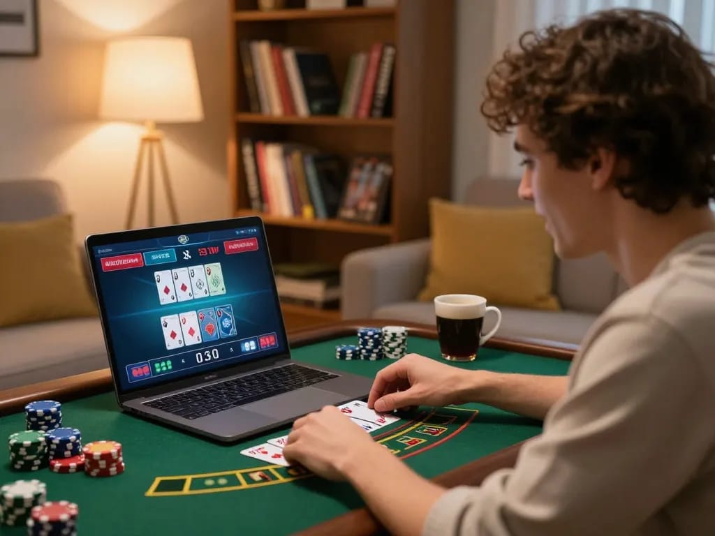 Engaging online gaming experience at home showcasing Link Alternatif Asialive88 with player interacting on blackjack game.