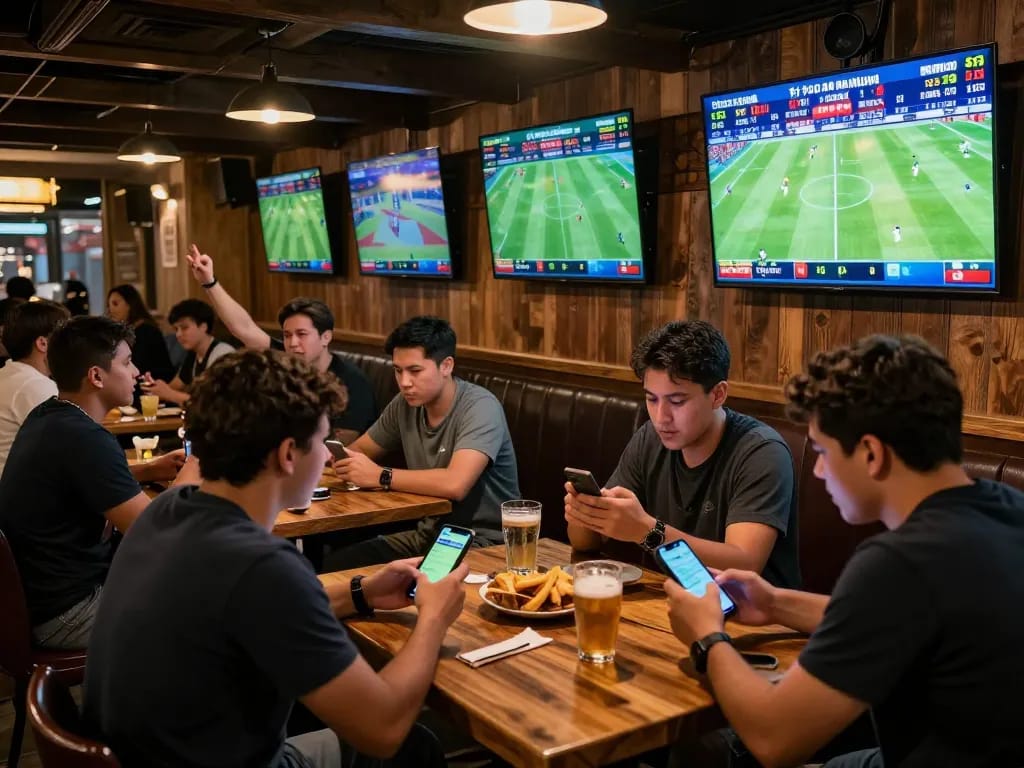 The excitement of placing bets on tỷ lệ kèo nhà cái in a lively sports bar during a live football match.
