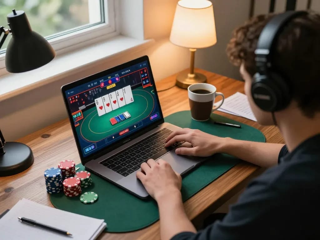 FC88 player strategizing during an online poker session at home with notes and laptop.
