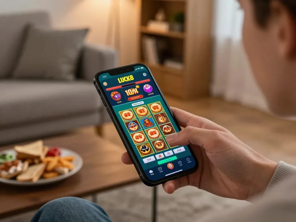 Engaging online gaming scene with user-focused on chính sách bảo mật in the LUCK8 app, showcasing a familiar home setup for casino enthusiasts.