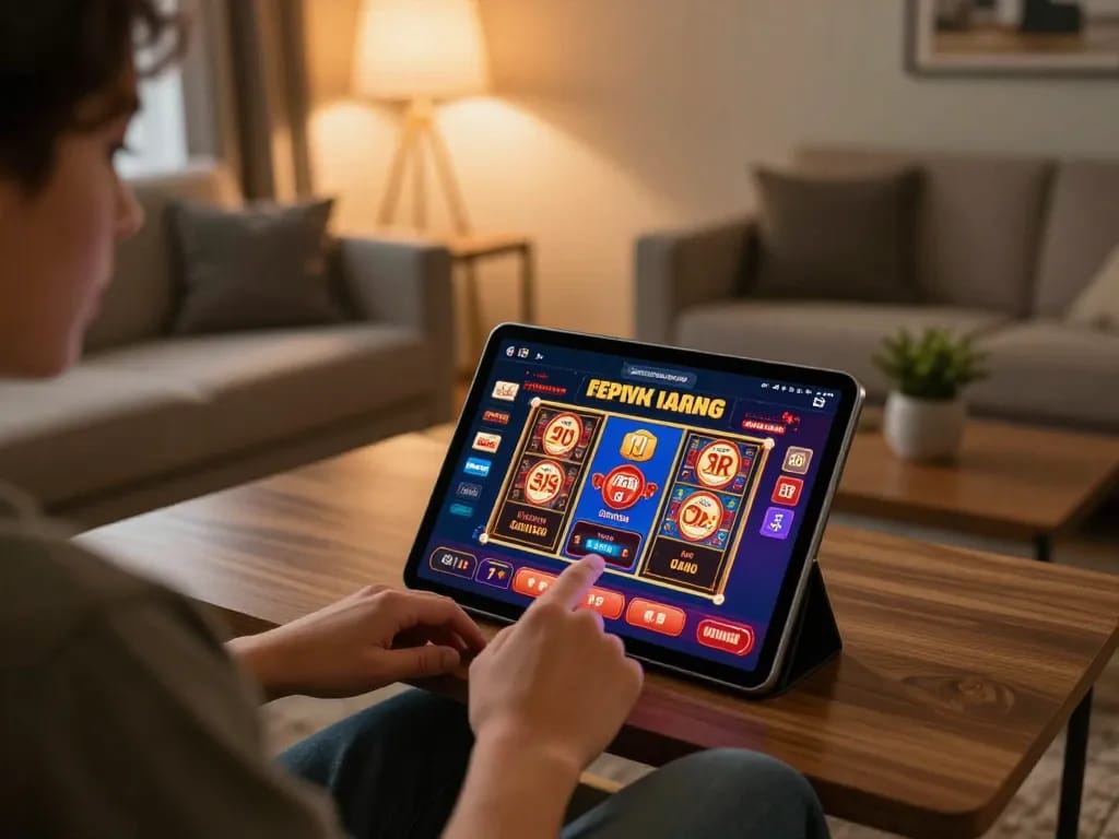 Engaged user enjoying the sunwin app for online casino gaming on a tablet in a cozy home.