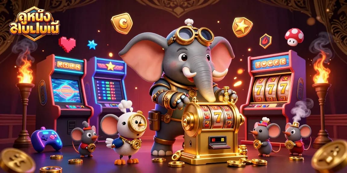 Spin the reels of ดูหนังออนไลน์ with a steampunk elephant engineer and animated casino elements around.