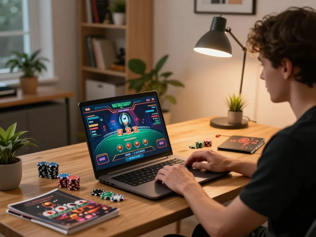 Engaged player at home using https://98winn.net/ for a live dealer game, showcasing modern gaming setup.