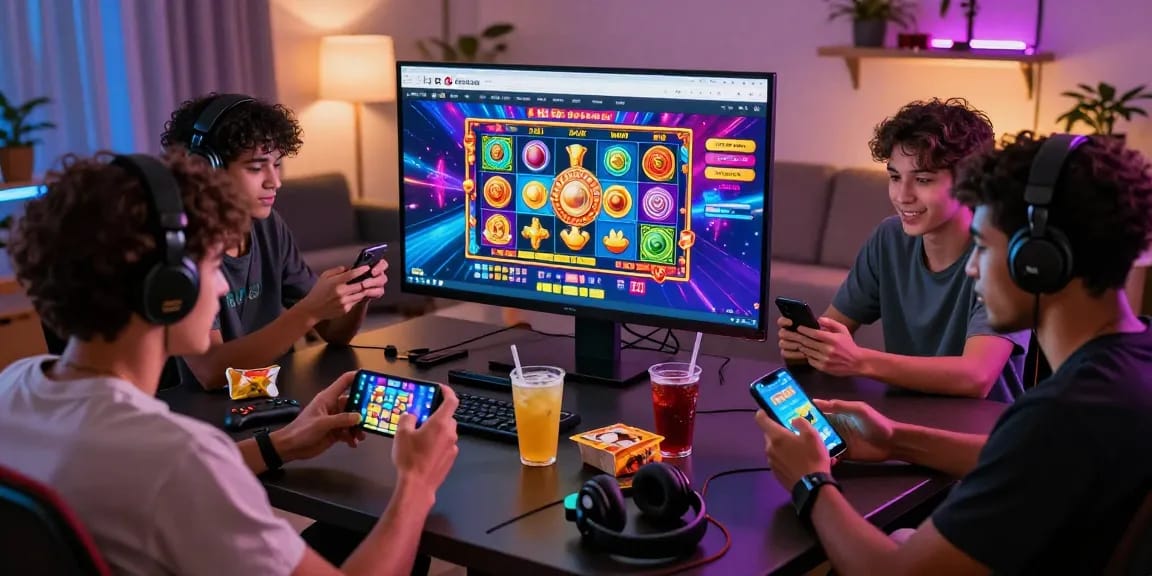 Exciting scene depicting friends enjoying a gaming night, showcasing deposit pulsa tanpa potongan on their devices.