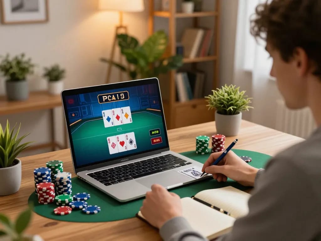 KADAL778 gamer analyzing poker strategy on laptop in cozy home setting.