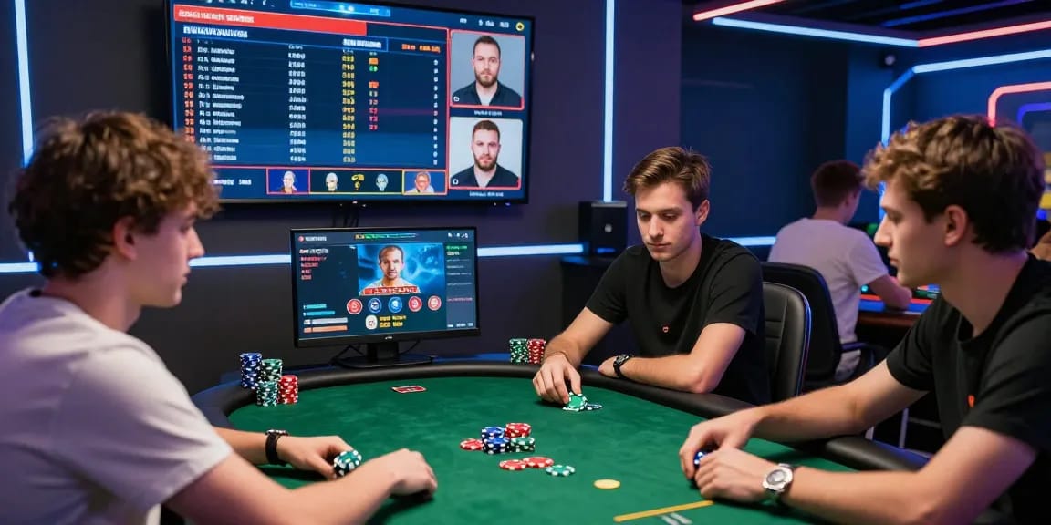 Agen Poker Online gaming action with players immersed in tournaments, showcasing colorful chips and a vibrant digital interface for an engaging online experience.