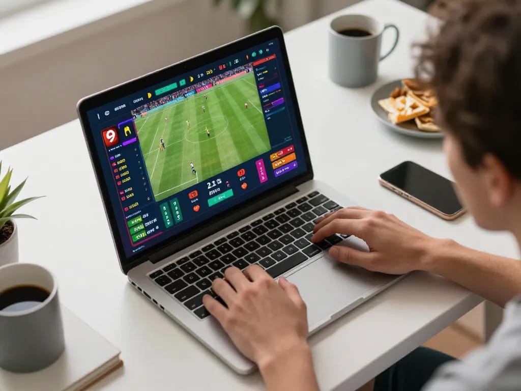 Engaged user placing a bet on nhà cái fun79 during a thrilling sports event on a laptop