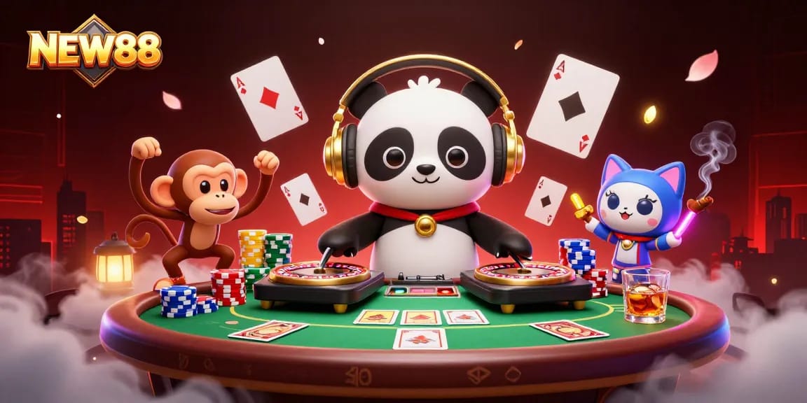 Engage in thrilling gameplay with NEW88 showcasing a vibrant, fun casino atmosphere and dynamic characters.