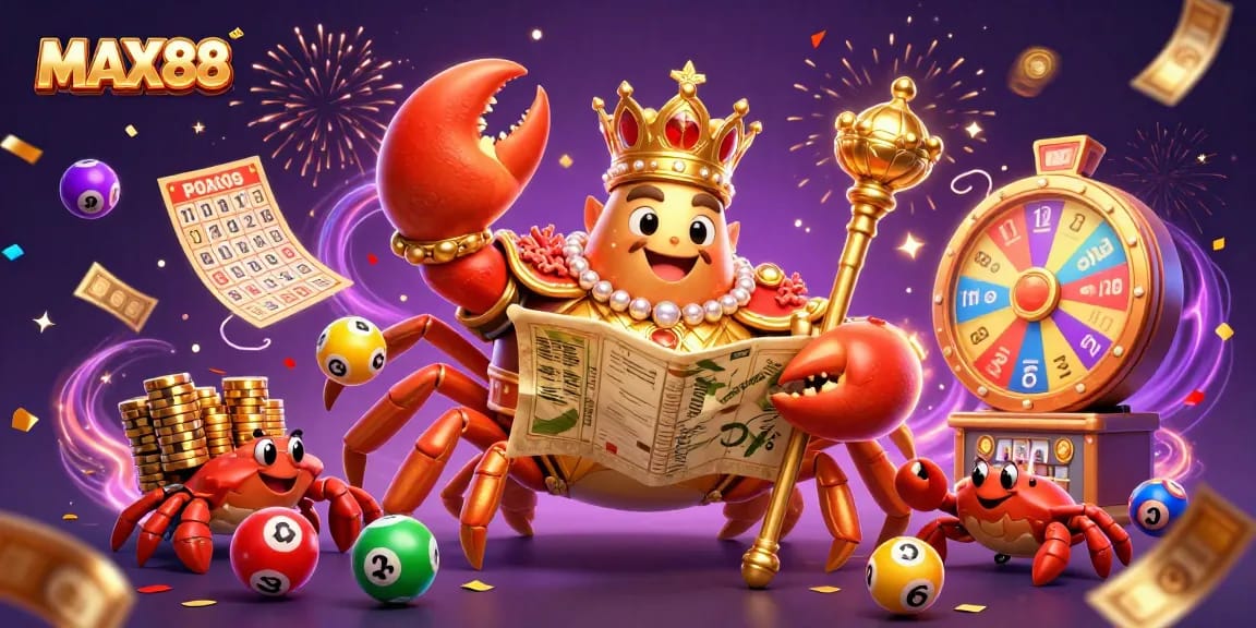 Engage with MAX88's vibrant lottery world featuring a golden crab emperor surrounded by colorful elements and prizes.