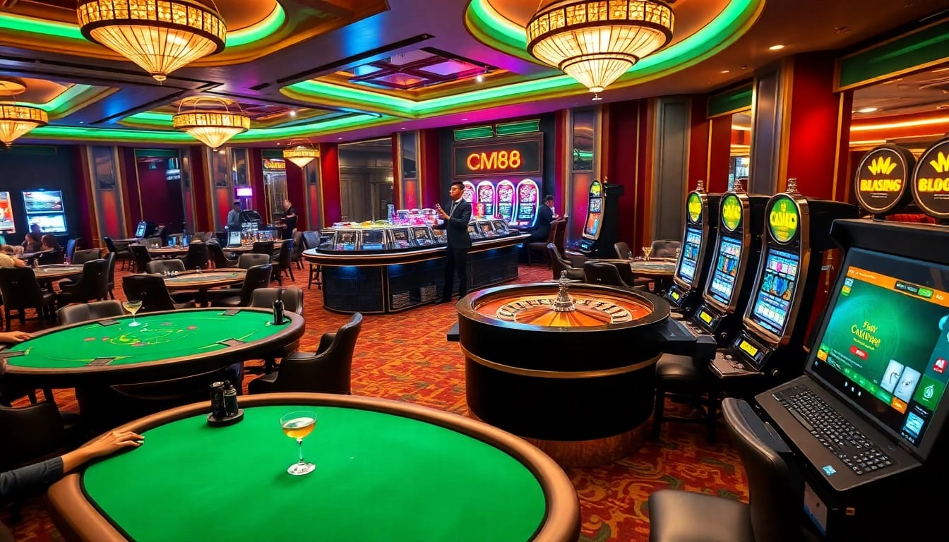 Engaged gamblers playing poker and roulette in a vibrant casino, featuring CM88 digital interface.