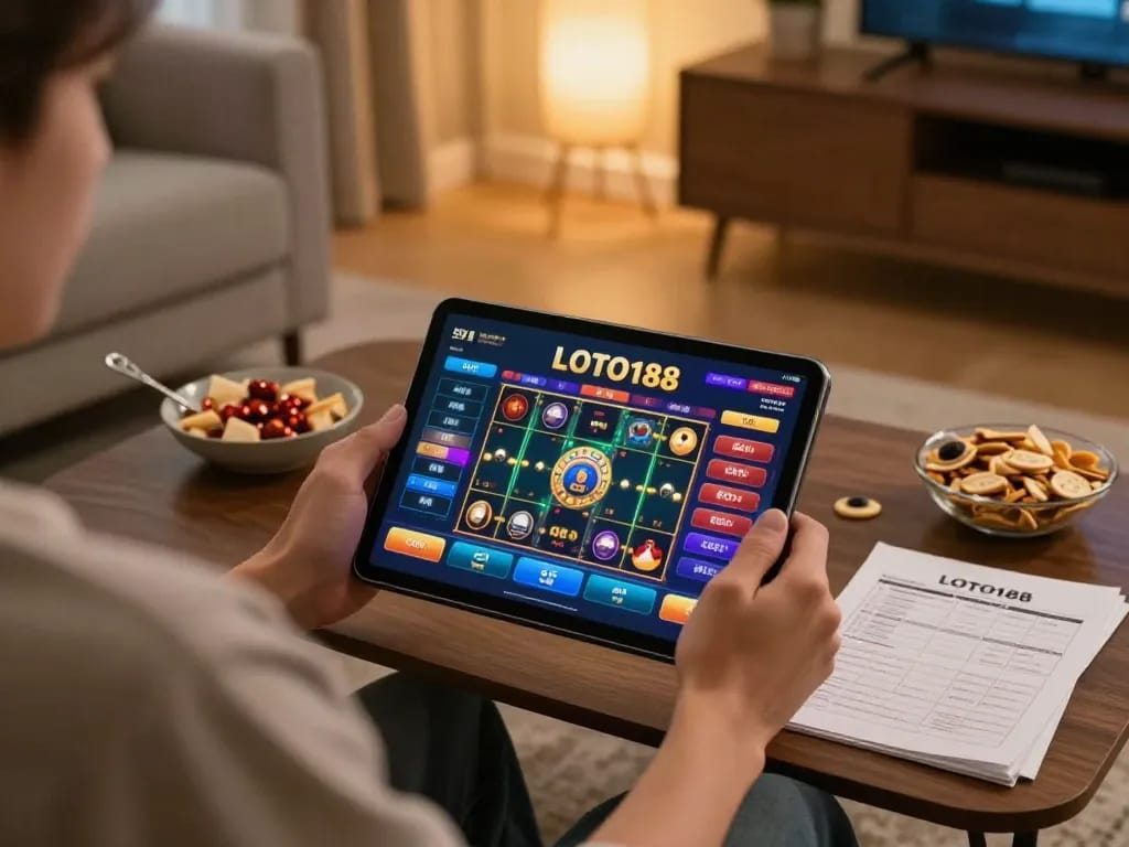 Player engaging with loto188 gaming app in cozy home, showcasing modern online gambling atmosphere