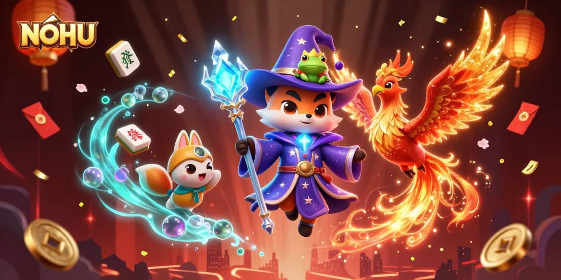 Engage with NOHU's thrilling games in this captivating 3D casino illustration featuring dynamic characters.