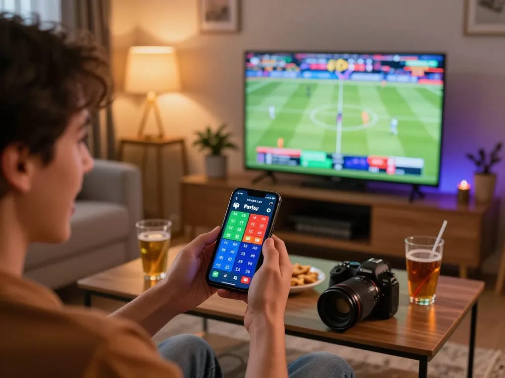 Engaged user placing a 7meter Parlay bet on smartphone during live sports viewing.