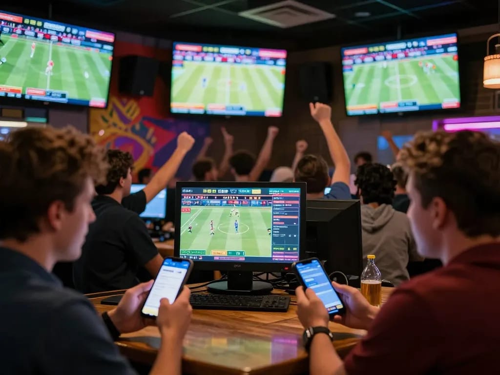 Sports fans placing bets on lu88 app during a thrilling game, capturing excitement of live betting.