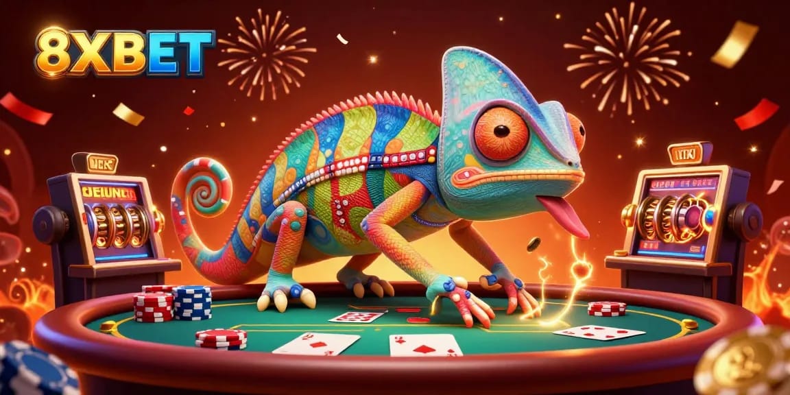 Experience thrilling gaming excitement with 8XBET's vibrant casino illustration, showcasing a colorful chameleon and dynamic poker elements.