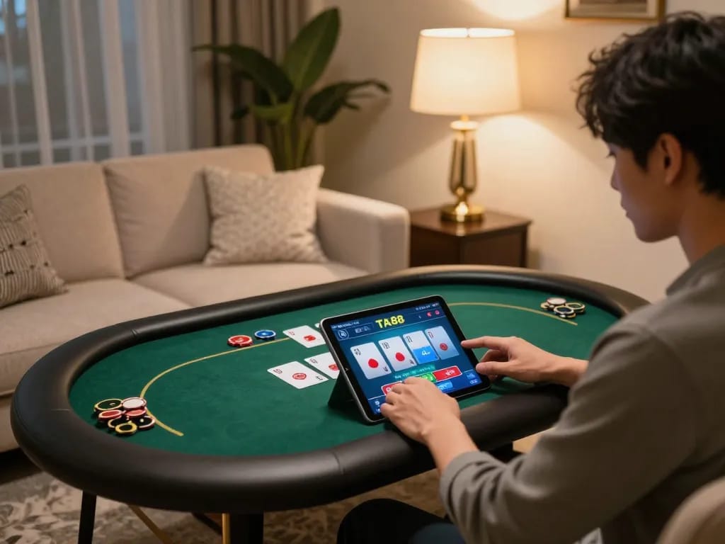 Experience thrilling online gambling with TA88 as players enjoy poker games on a tablet in a cozy home setup.