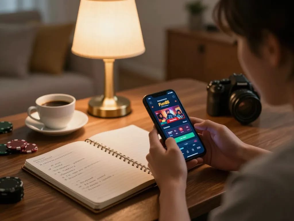 Enjoying the Fun88 app on a smartphone while strategically planning bets in a cozy home setting.