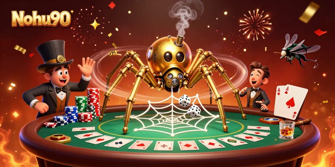 Nohu90 showcases a captivating 3D scene of a steampunk spider and a fly gentleman amid poker elements.