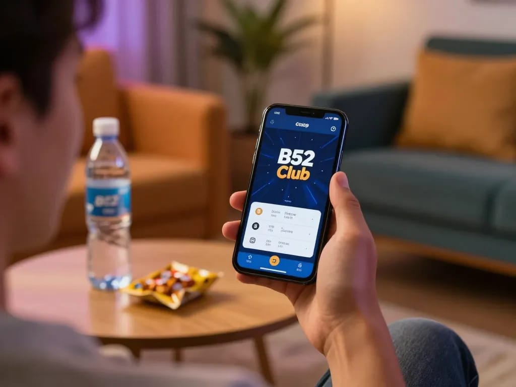 Engaging gameplay of tải b52 club app on mobile phone in a cozy home setting.