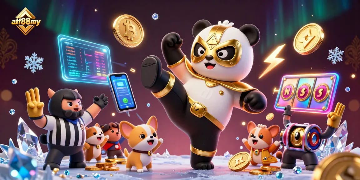 Engage in thrilling gameplay at afb88my with 3D panda wrestler and crypto elements in a dynamic casino scene.