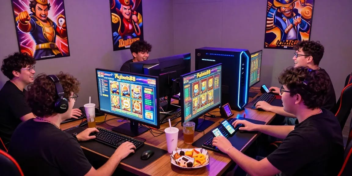 Grup teman bermain slot di Fujiwin88 dalam suasana seru dan nyaman.
