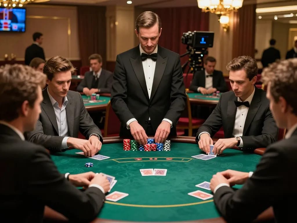 KONG88 players engaging in a high-stakes poker game with dynamic gameplay, vibrant atmosphere, and professional dealer shuffling cards.
