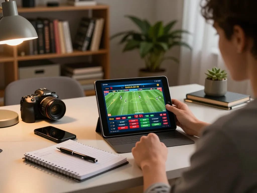 Person using 9bet app for sports betting, showing engaging live odds on a stylish desk.