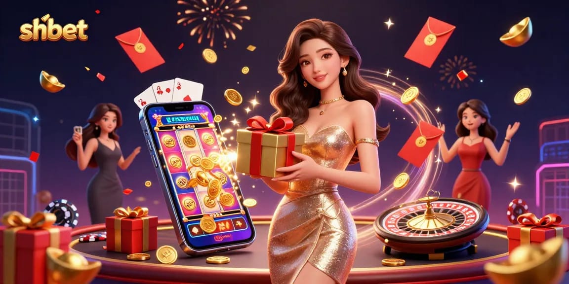Experience the excitement of winning at shbet with a glamorous Asian woman celebrating in a vibrant casino scene.